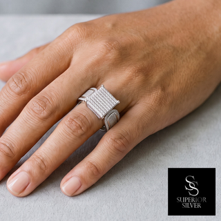 Large Square Pavé Cocktail Moissanite Ring in sterling silver, worn on hand