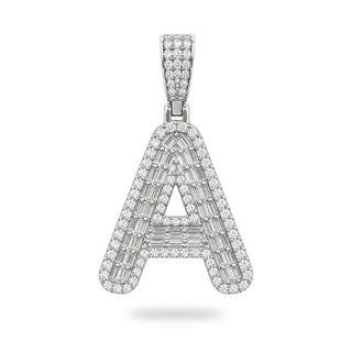Superior Silver block letter A pendant in 925 sterling silver with pave-set baguette and round cubic zirconia stones.