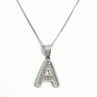 Superior Silver block letter A pendant in 925 sterling silver featuring pave-set cubic zirconia stones on a chain