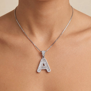 Superior Silver block letter A pendant in 925 sterling silver with pave-set cubic zirconia stones on a silver chain.