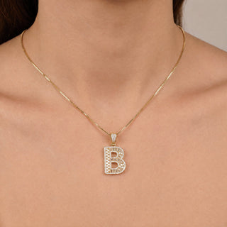 Superior Silver gold initial B pendant necklace featuring pave-set cubic zirconia stones on a delicate gold chain