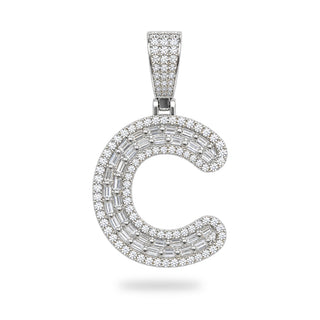 Superior Silver letter C pendant in sterling silver with pave-set cubic zirconia stones on a white background.