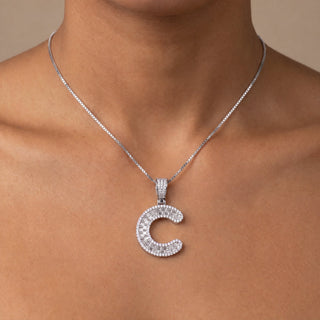 Superior Silver sterling silver block letter C pendant with pave-set cubic zirconia stones worn on a silver chain