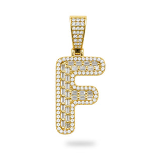 Superior Silver gold initial F pendant featuring pave-set cubic zirconia stones in a block letter design