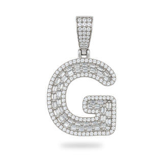 Superior Silver letter G pendant in 925 sterling silver featuring pave-set baguette and round cubic zirconia stones.
