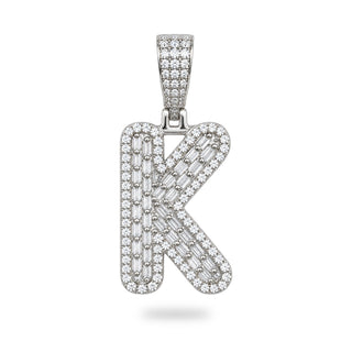Superior Silver letter K pendant in sterling silver featuring baguette and round pave-set cubic zirconia stones.