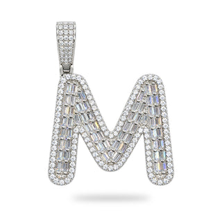 Superior Silver block letter M pendant in sterling silver with pave-set baguette and round cubic zirconia stones.