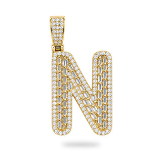Superior Silver gold initial N pendant featuring pave-set baguette and round cubic zirconia stones on sterling silver