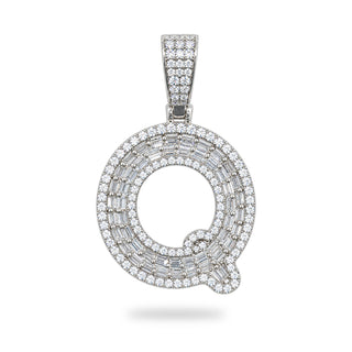 Superior Silver letter Q pendant in 925 sterling silver featuring pave-set cubic zirconia stones in a block design.