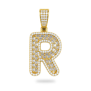 Superior Silver gold initial R pendant featuring baguette and round cubic zirconia stones in a block letter design