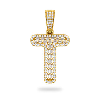 Superior Silver letter T pendant in 14kt gold over sterling silver with pave-set baguette and round cubic zirconia