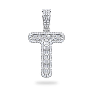 Letter T Initial Pendant with CZ, 925 Sterling Silver