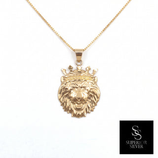 Lion Head with King Crown 10K Yellow Gold Pendant on a box chain