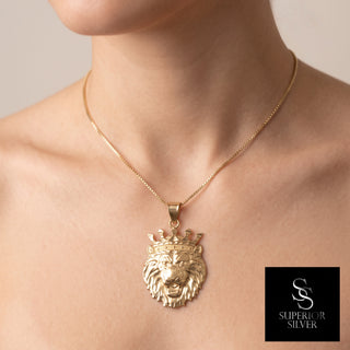 Lion Head with King Crown 10K Yellow Gold Pendant worn on a model