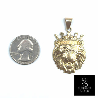Lion Head with King Crown 10K Yellow Gold Pendant size comparison next to a US quarter