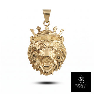 Lion Head with King Crown 10K Yellow Gold Pendant, front view