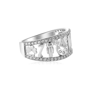 Lucky Symbols Openwork Band with Stone Rails Moissanite Ring in sterling silver