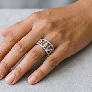 Lucky Symbols Openwork Band with Stone Rails Moissanite Ring in sterling silver, worn on hand