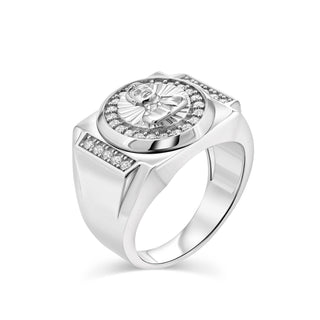 Malverde Round Medallion Signet with Pavé Sides Moissanite Ring in sterling silver