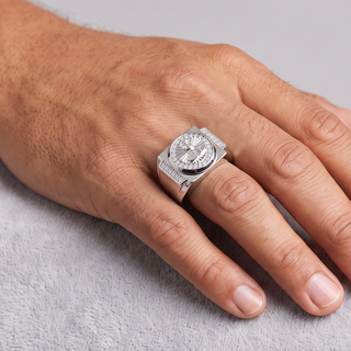 Malverde Round Medallion Signet with Pavé Sides Moissanite Ring in sterling silver, worn on hand