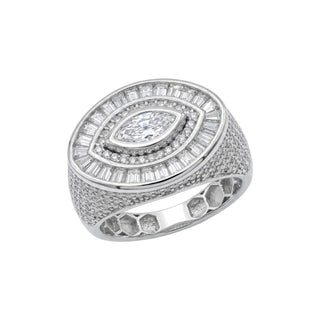 Marquise Center with Baguette Halo Signet Moissanite Ring in sterling silver