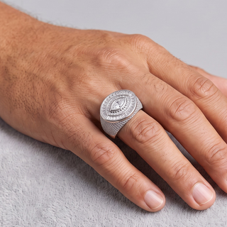 Marquise Center with Baguette Halo Signet Moissanite Ring in sterling silver, worn on hand