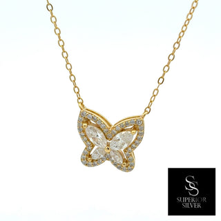 Marquise pavé butterfly moissanite necklace in yellow gold vermeil over sterling silver, view 2