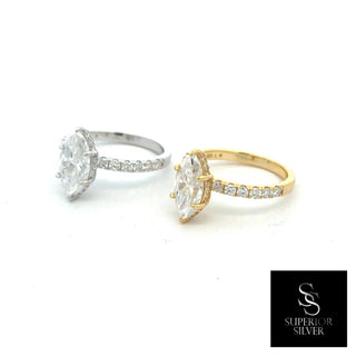 Marquise solitaire on pavé band moissanite ring in sterling silver and yellow gold vermeil, side by side