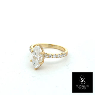 Marquise solitaire on pavé band moissanite ring in yellow gold vermeil over sterling silver, view 2