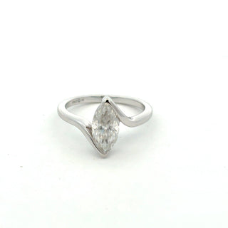 Marquise solitaire on twisted bypass band moissanite ring in sterling silver