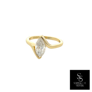 Marquise solitaire on twisted bypass band moissanite ring in yellow gold vermeil over sterling silver, view 2