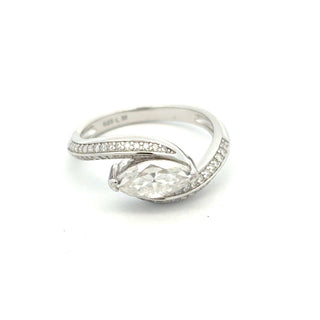 Marquise swirl bypass with pavé ribbon shank moissanite ring in sterling silver