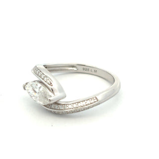 Marquise swirl bypass with pavé ribbon shank moissanite ring in sterling silver, view 2