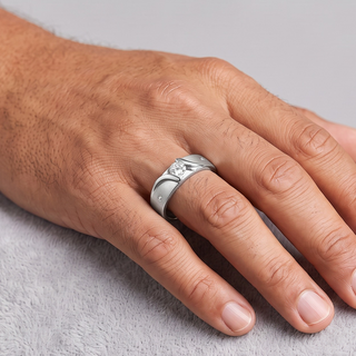 Matte Wave Band with Round Center Stone Moissanite Ring in sterling silver, worn on hand