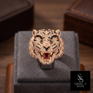 14K rose gold iced panther ring on display