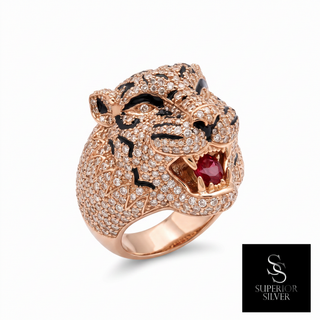 14K rose gold men's panther ring with natural diamonds, size 9 — front view