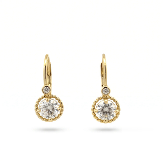 Milgrain bezel round leverback drop moissanite earrings in yellow gold vermeil over sterling silver