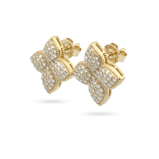Milgrain pavé petal flower moissanite stud earrings in yellow gold vermeil over sterling silver