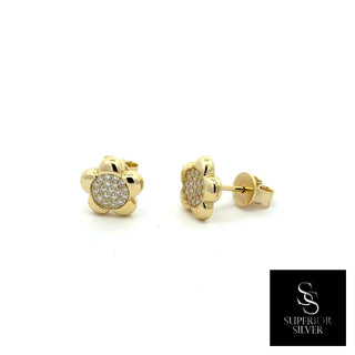 Mini pavé flower moissanite stud earrings in yellow gold vermeil over sterling silver, view 2