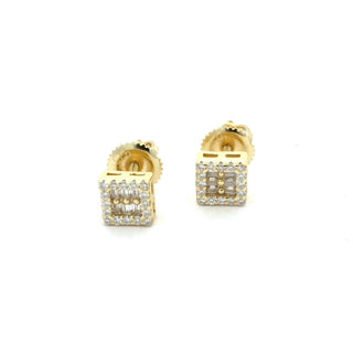 Mini square baguette halo moissanite stud earrings in yellow gold vermeil over sterling silver
