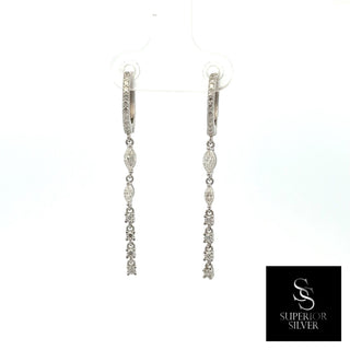 Mixed-cut line drop pavé moissanite huggie hoop earrings in sterling silver, view 2
