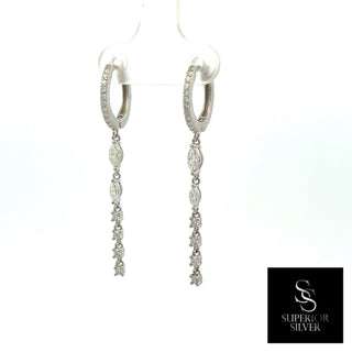 Mixed-cut line drop pavé moissanite huggie hoop earrings in sterling silver, view 3