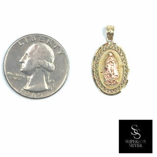 Mother Mary 10K Yellow Gold Pendant size comparison next to a US quarter