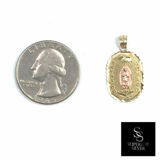 Mother Mary 10K Yellow Gold Pendant size comparison next to a US quarter