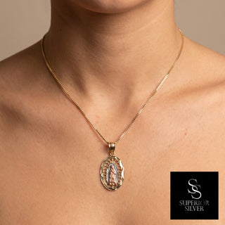 Mother Mary 10K Yellow Gold Pendant worn on a model