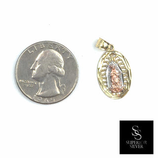 Mother Mary 10K Yellow Gold Pendant size comparison next to a US quarter