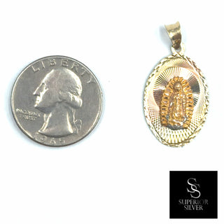 Mother Mary 14K Yellow Gold Pendant size comparison next to a US quarter