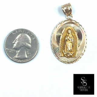 Mother Mary 14K Yellow Gold Pendant size comparison next to a US quarter