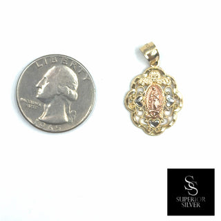 Mother Mary 14K Yellow Gold Pendant size comparison next to a US quarter