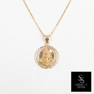 Mother Mary 14K Yellow Gold Pendant on a box chain